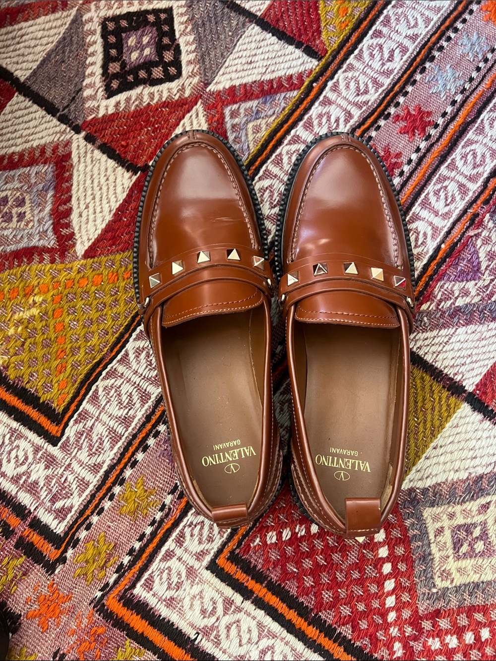 Valentino studded cognac brown leather loafers size 36.5